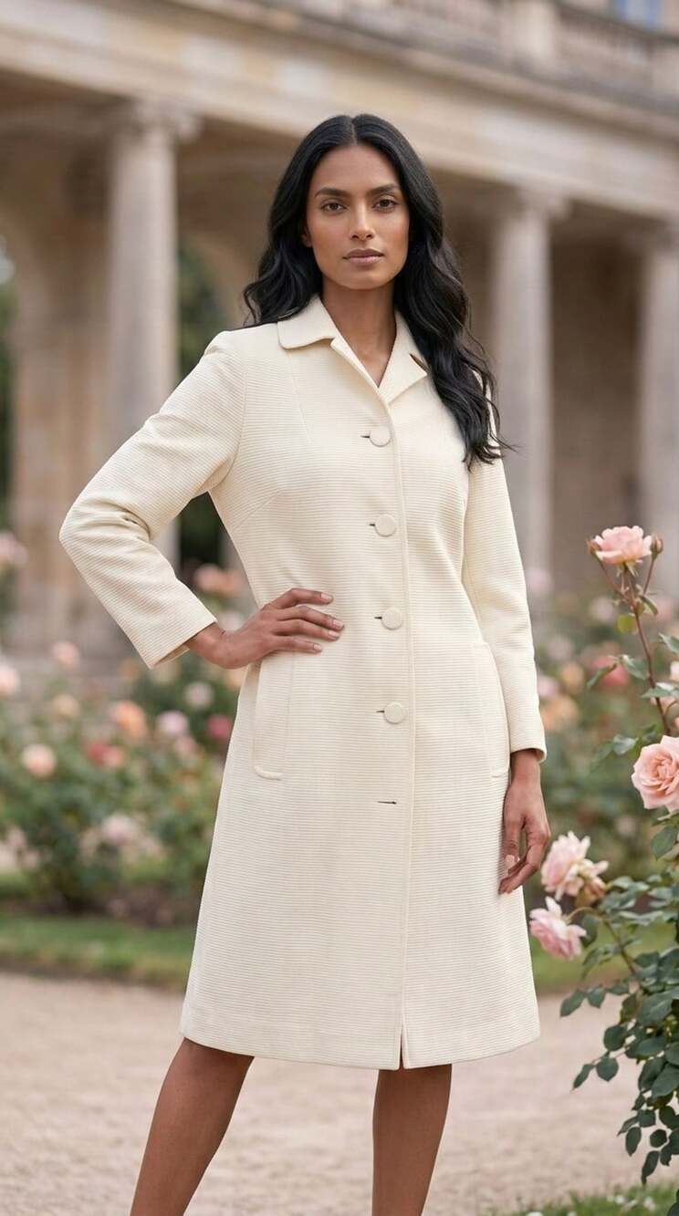 Vintage Textured Cream Single Breasted Overcoat with Notch Lapel and Pockets