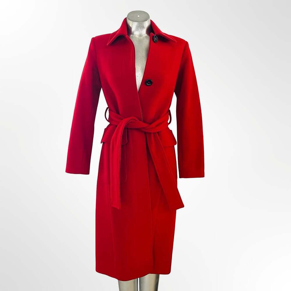 Vintage Red Wool Belted Long Trench Coat