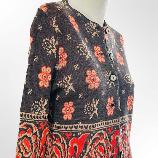 Geiger Collection Wool Cardigan Jacket with Floral and Paisley Pattern