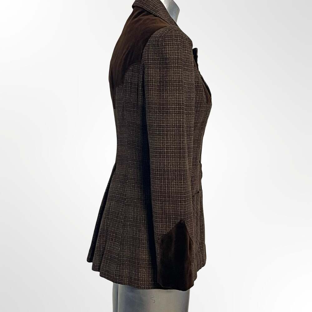 Vintage Young Edwardian Brown Plaid Wool Blazer Jacket with Velvet Contrast Yoke
