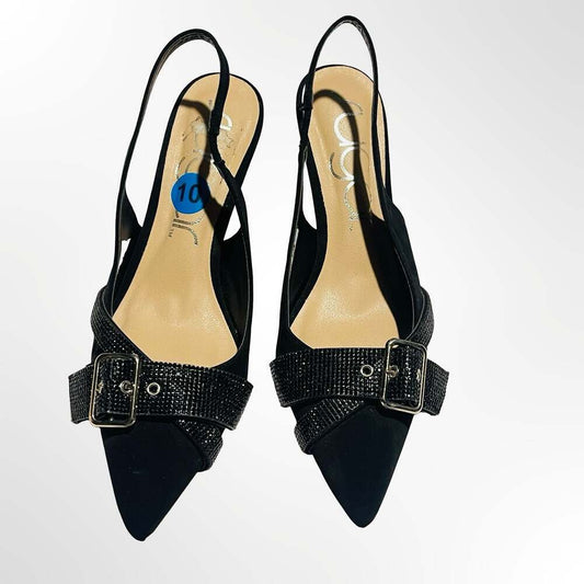 Sugar Black Suede Rhinestone Buckle Slingback Kitten Heels