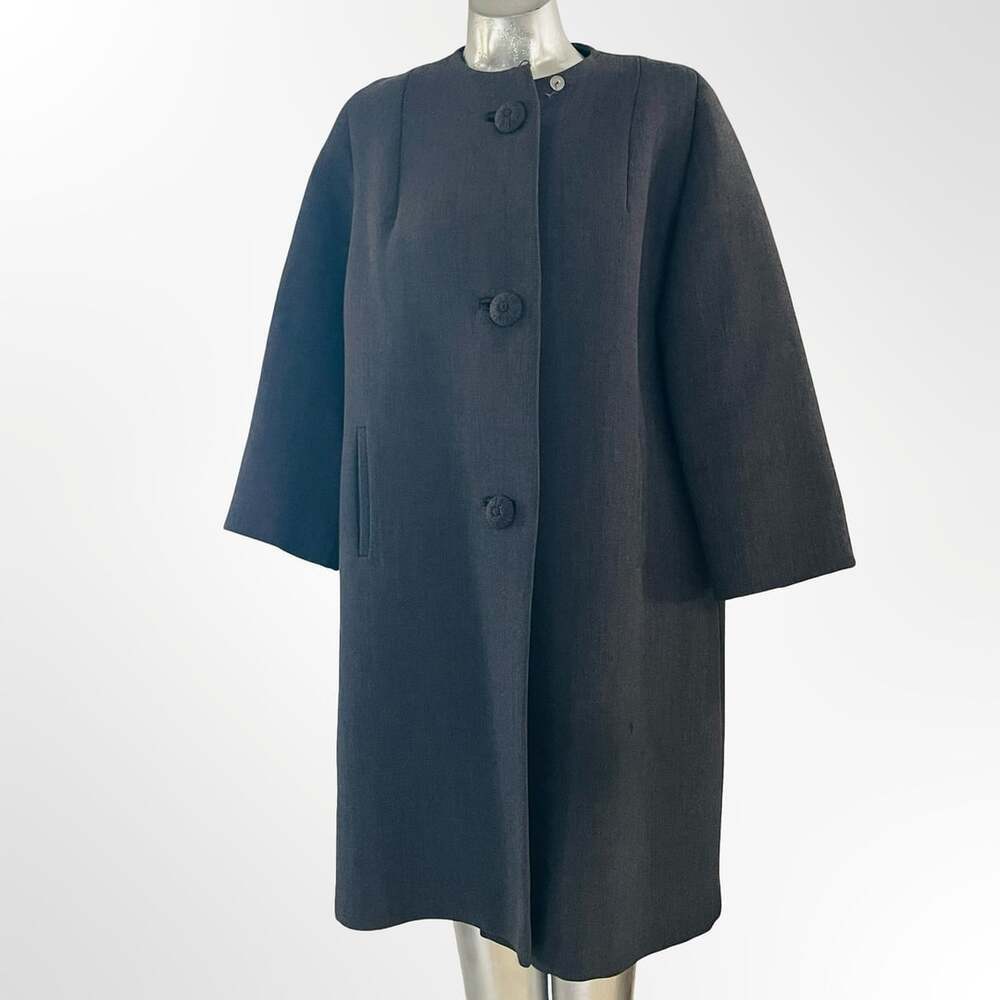 Vintage Dark Grey Collarless Wool Swing Coat with Knot Buttons