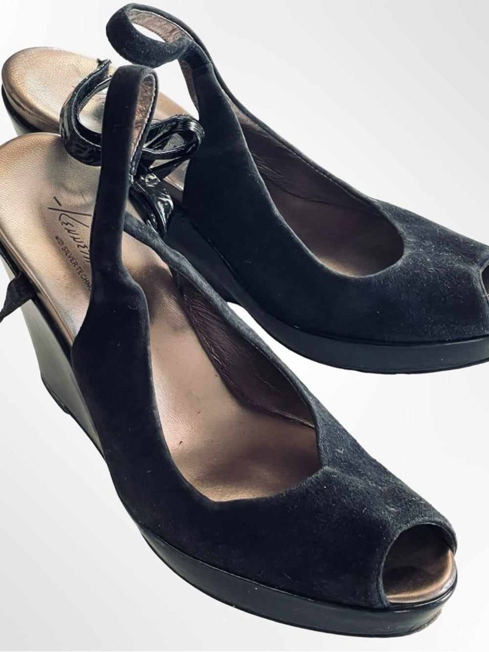 Kenneth Cole New York Black Suede Peep-Toe Slingback Wedge Heels
