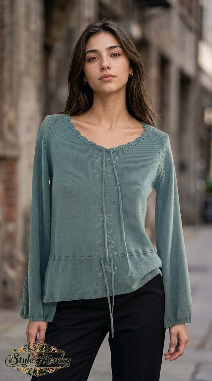 Vintage Beewear Boho Sage Green Pointelle Knit Tie-Front Peplum Top