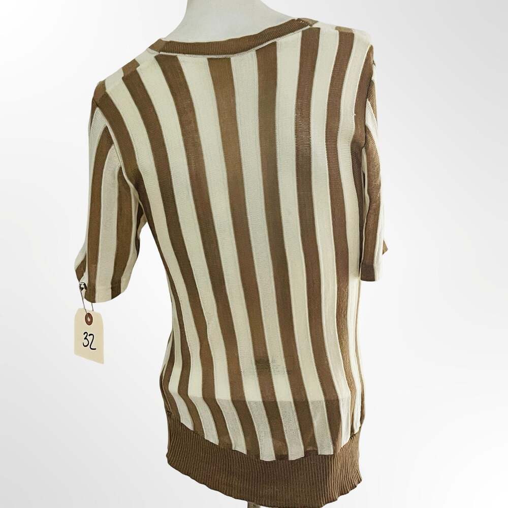 JAGRO strickmoden Brown and Cream Striped V-Neck Knit Short Sleeve Top