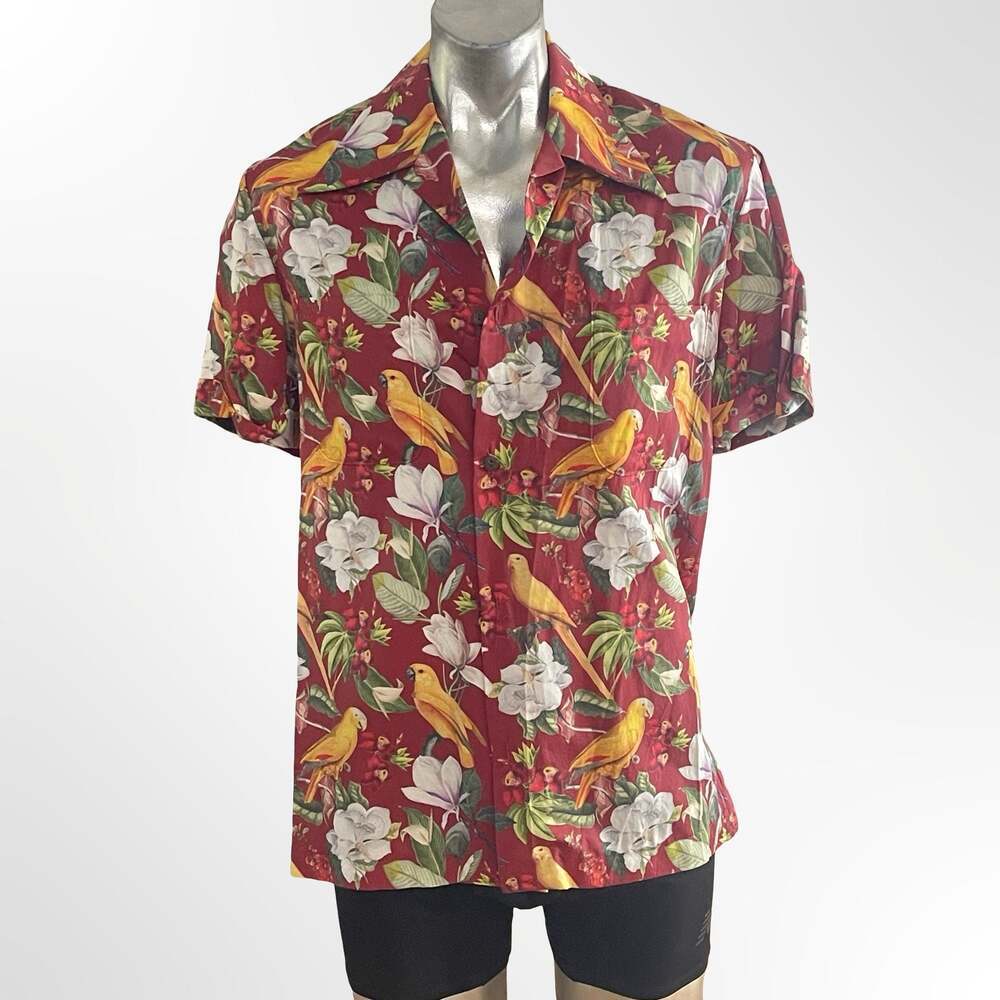 Vintage Floral and Parrot Print Red Tropical Camp Shirt