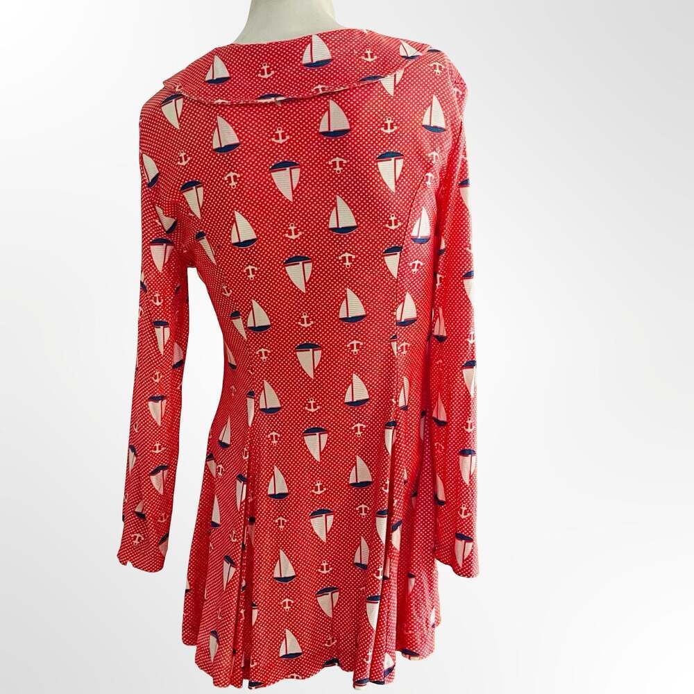 Vintage 1960s-70s Halifax Crimson Red Sailboat Anchor Print Zip Front Dress