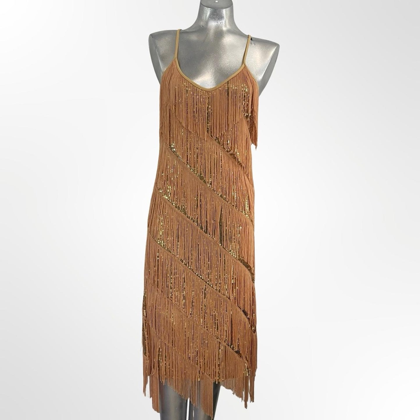 Anna Kaci Elegant Gold Fringe Dress size L