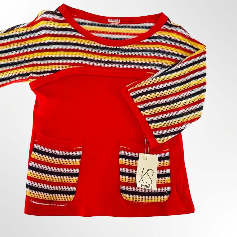 Vintage 1970s Naulover Red Mesh Stripe Pocket Mod Top XS