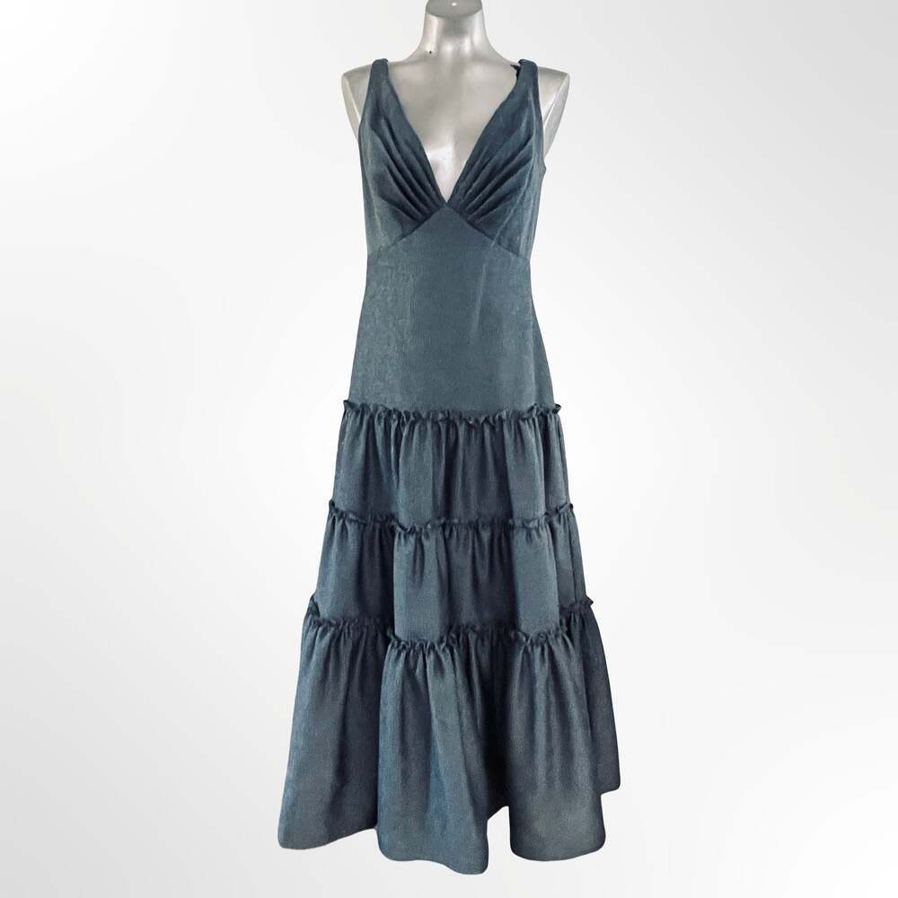 Tadashi Shoji Textured Plunge Neck Tiered Maxi Dress