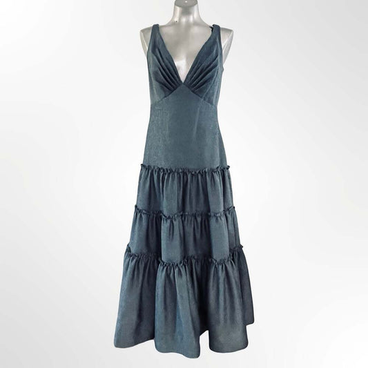 Tadashi Shoji Textured Plunge Neck Tiered Maxi Dress