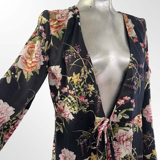 ASOS Black Floral Long Sleeve Tie-Front kimono