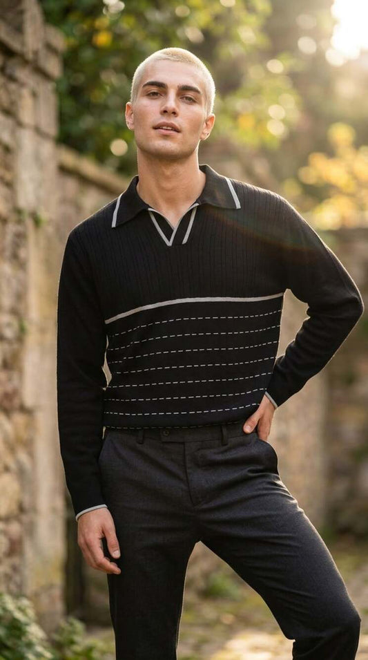 Full Circle Black and Grey Striped Knit Long Sleeve Polo Sweater