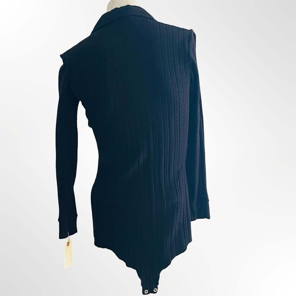 Vintage Black Ribbed Knit Long Sleeve Polo Collar Bodysuit