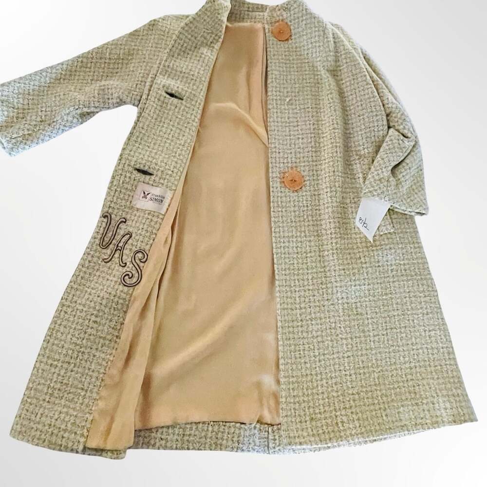 Franklin Simon Vintage 1950s Green Houndstooth Tweed Coat with Monogram