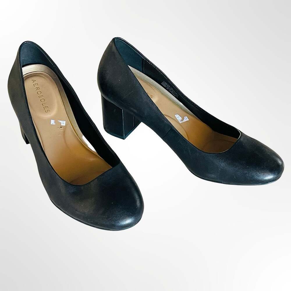 Aerosoles Eye Candy Black Leather Block Heel Pumps