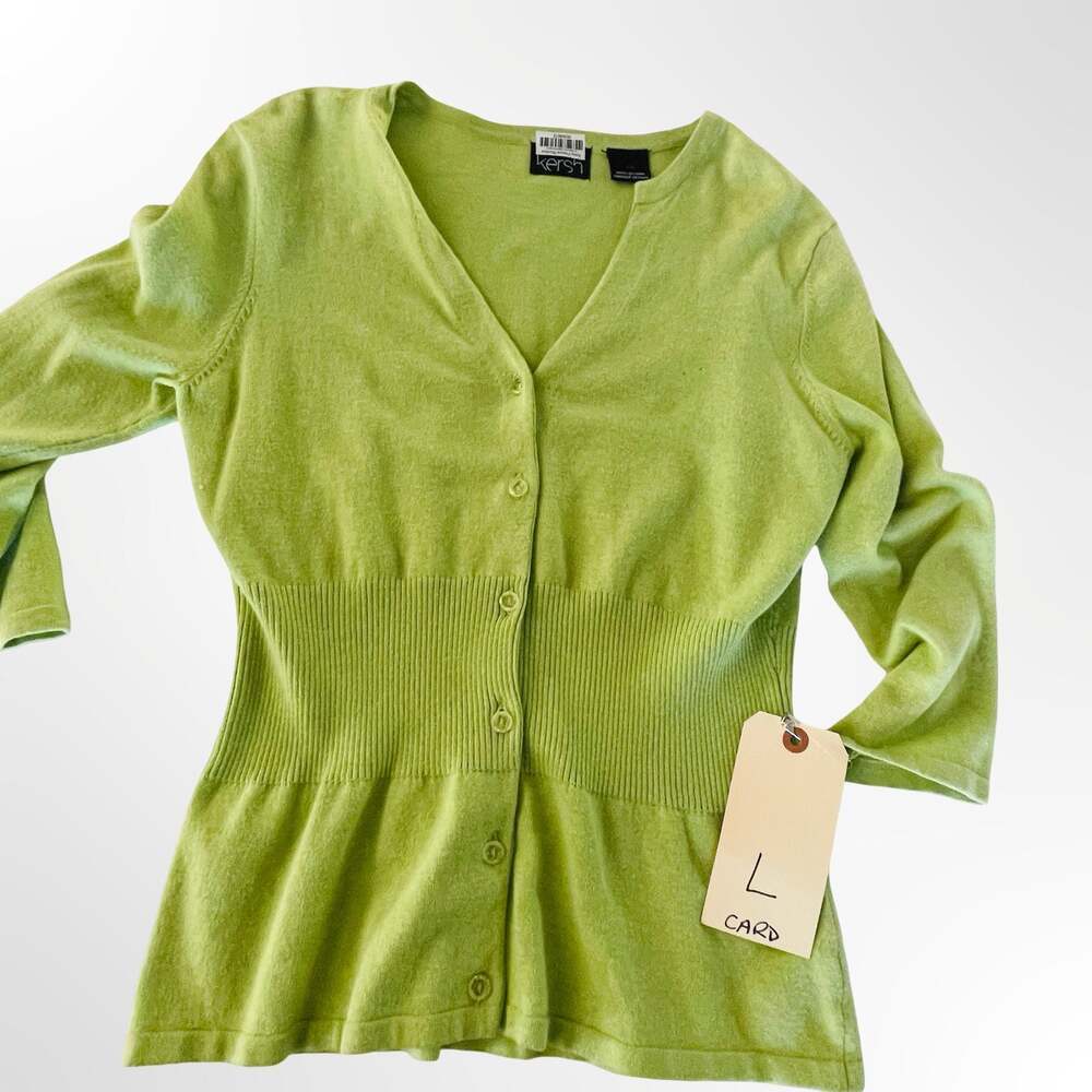 Kersh Lime Green V-Neck Button-Up Knit Cardigan Sweater Size L