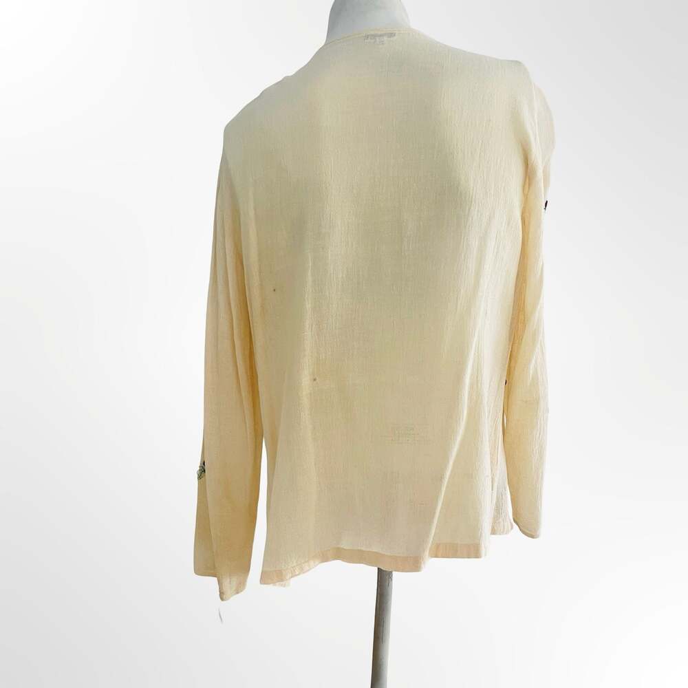 Vintage 1970s Cream Cotton Floral Embroidered Button-Down Blouse Boho Prairie
