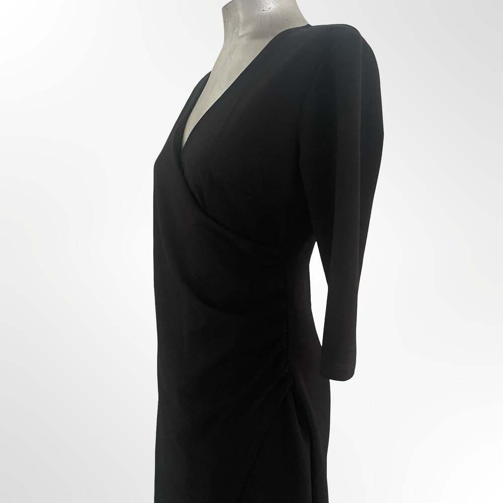 Unbranded Women's Black V-Neck Faux Wrap Sheath Dress with Three-Quarter Sleeves