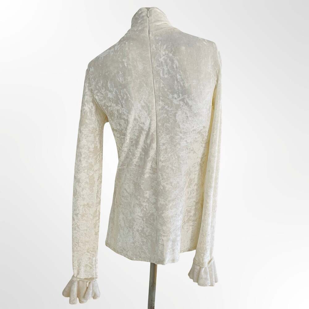 Vintage Style Cream Crushed Velvet Turtleneck Long Sleeve Ruffle Cuff Top
