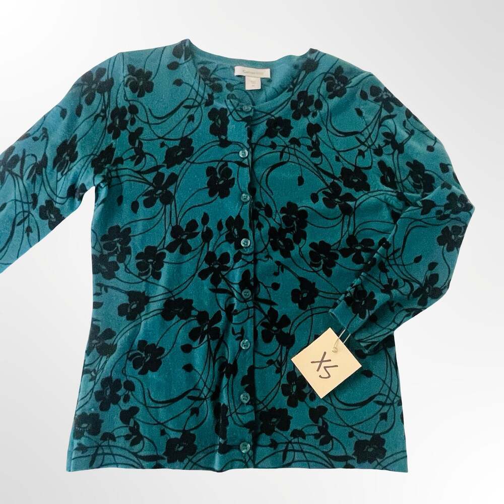 Garnet Hill Teal Blue Floral Botanical Print Button-Front Cardigan Sweater XS