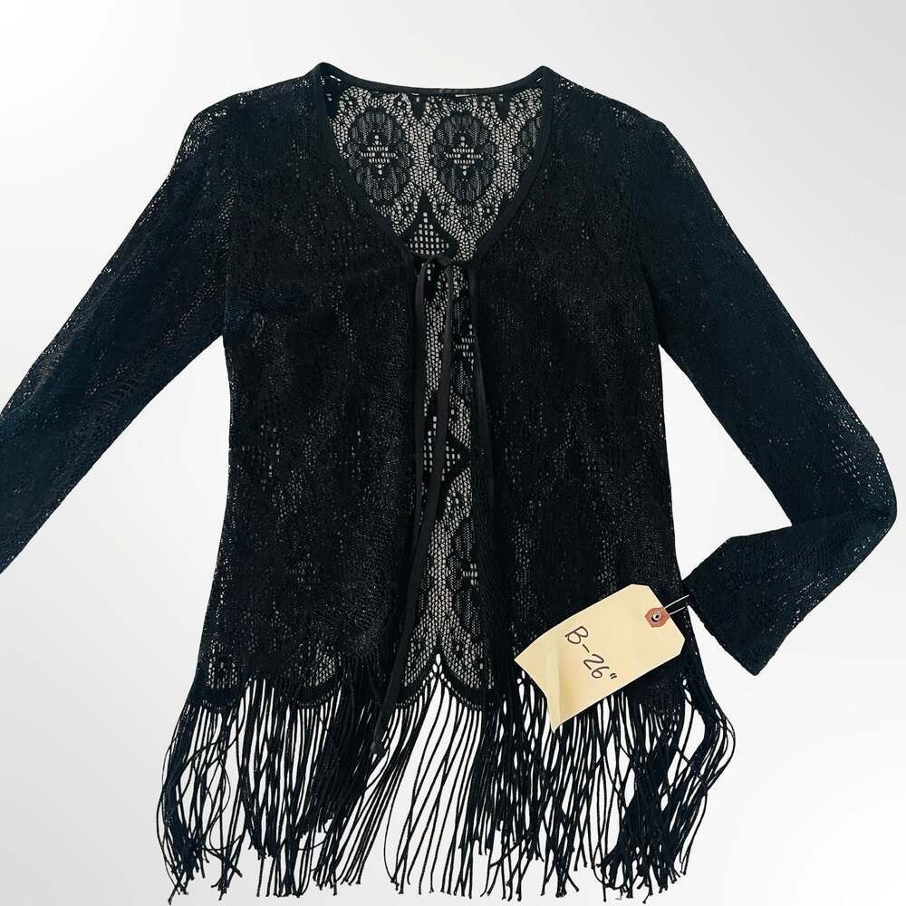Black Lace Open Front Cardigan with Fringes and Tie Closure