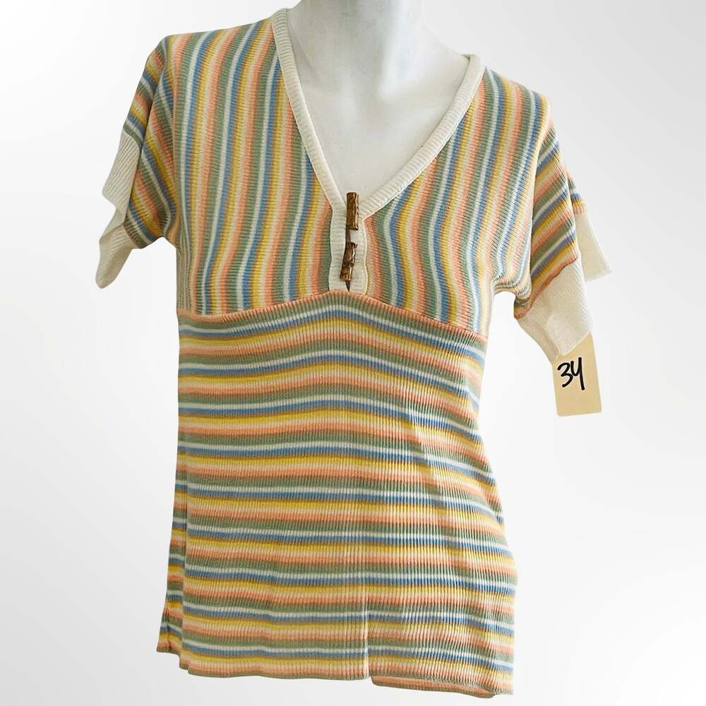 Vintage 1970s Lover's Leap Ltd. Striped Knit Short Sleeve Top w Bamboo Buttons