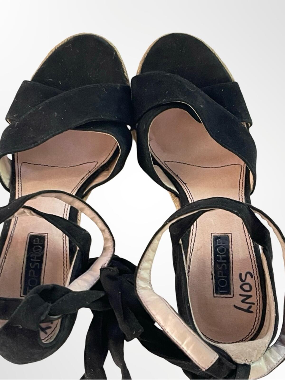 Topshop Black Suede Espadrille Wedge Sandals with Ankle Ties