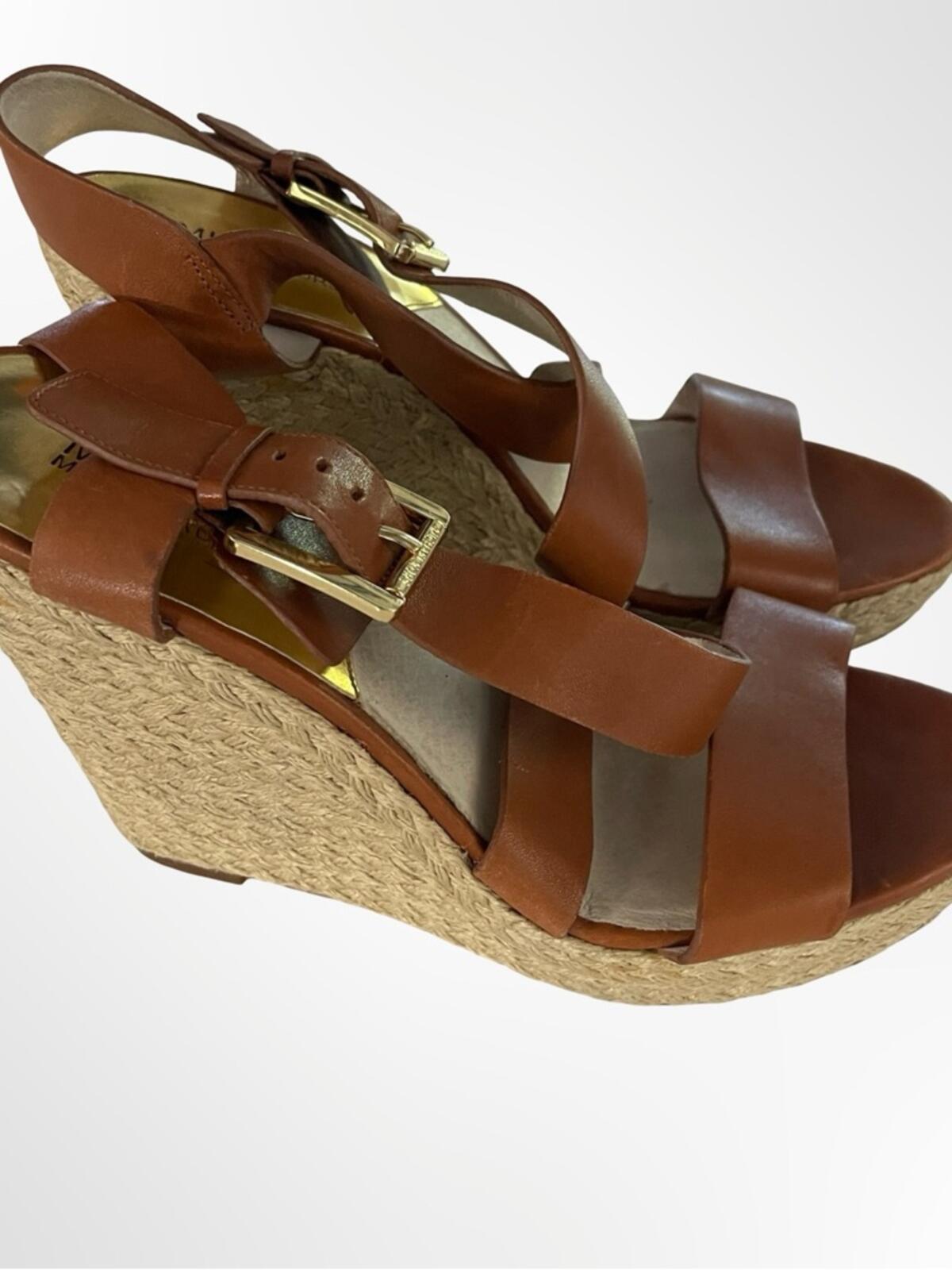 Michael Kors Brown Leather Espadrille Wedge Sandals in 10