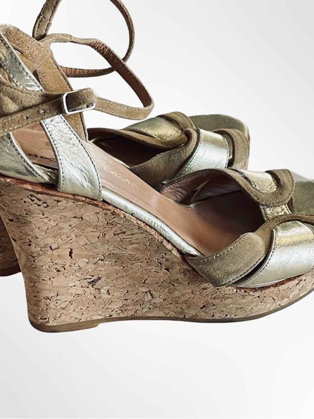 Jean Michael Cazabat Metallic Gold Cork Wedge Sandals in size 5.5