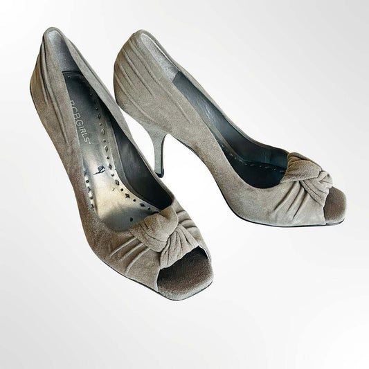 BCBGIRLS Suede Peep Toe Pumps with Knotted Detail