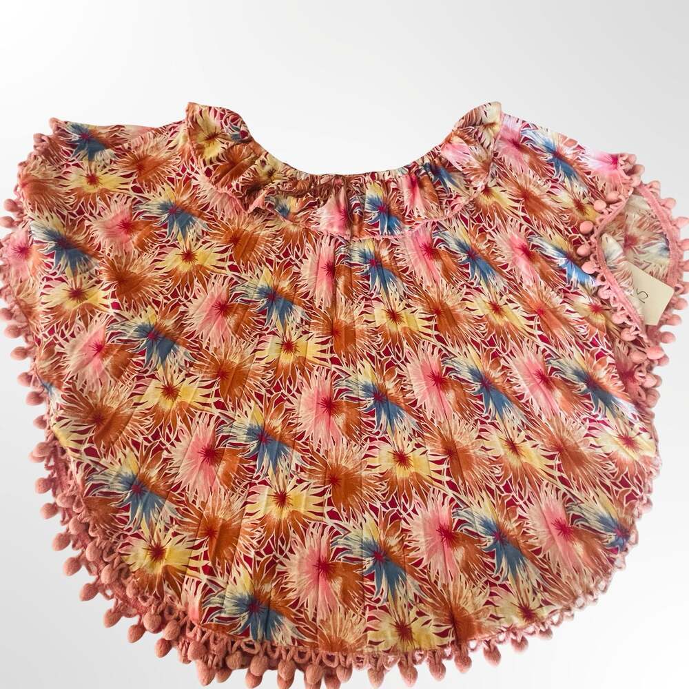 Tropical Sunburst Print Ruffle Pom Pom Poncho Cover-Up