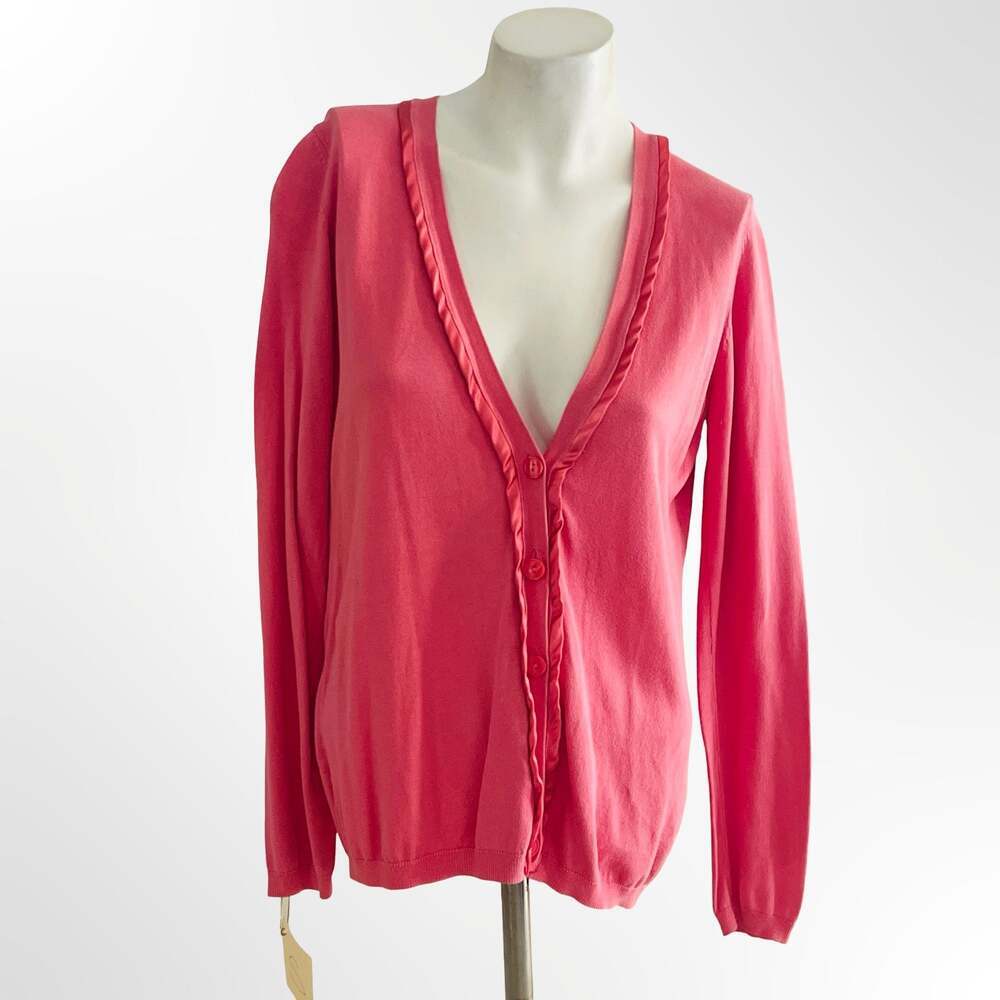 Ann Taylor Pink Cardigan Sweater with Satin Trim V-Neck Size S