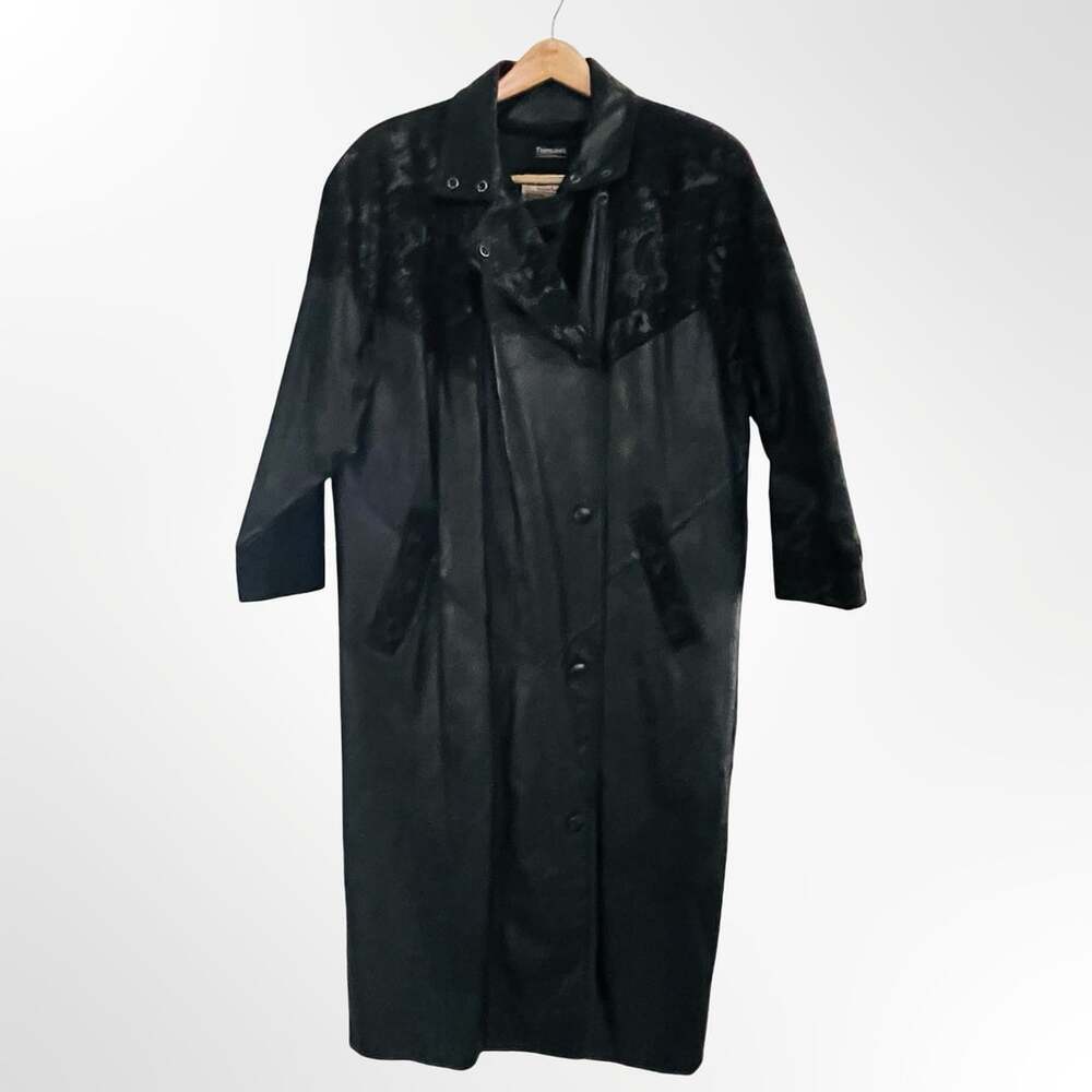 Pelle Studio Black Leather Long Trench Coat with Snakeskin Textured  Panels