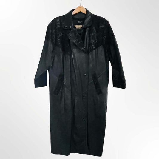 Pelle Studio Black Leather Long Trench Coat with Snakeskin Textured  Panels