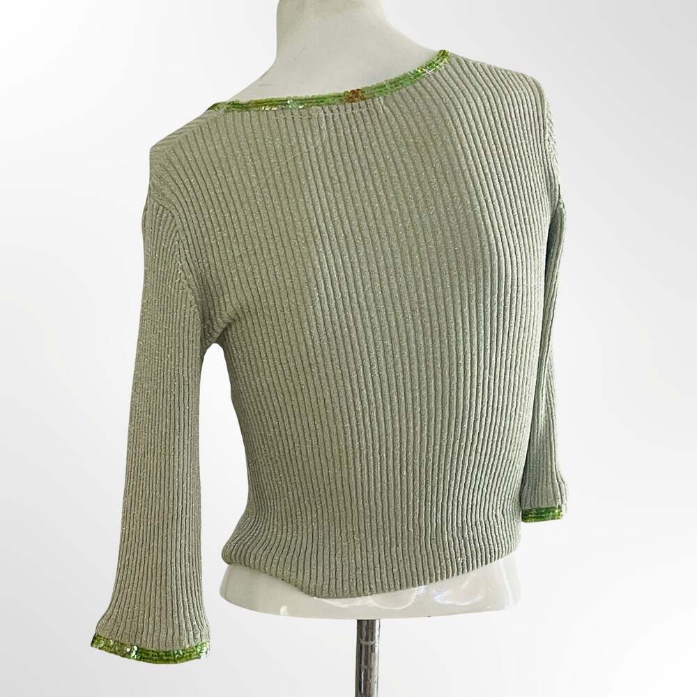 Fuse Silk Metallic Ribbed Knit Top with Green Sequin Trim Size M