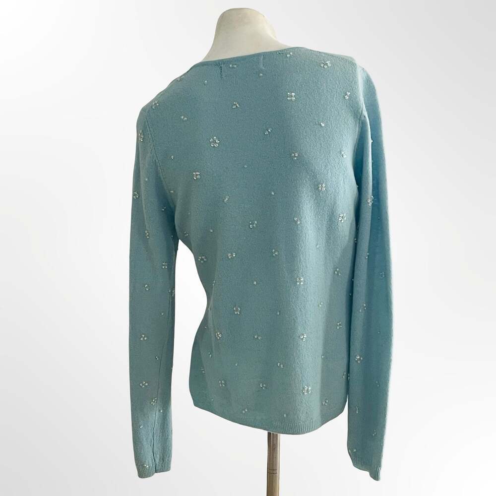 Beth Bowley Light Blue Beaded Floral Cardigan Sweater Size M