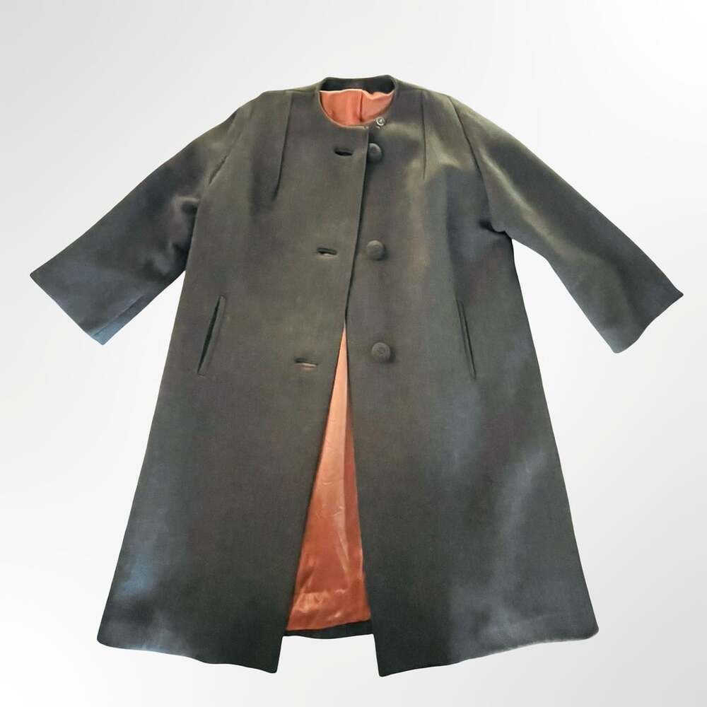 Vintage Dark Grey Collarless Wool Swing Coat with Knot Buttons