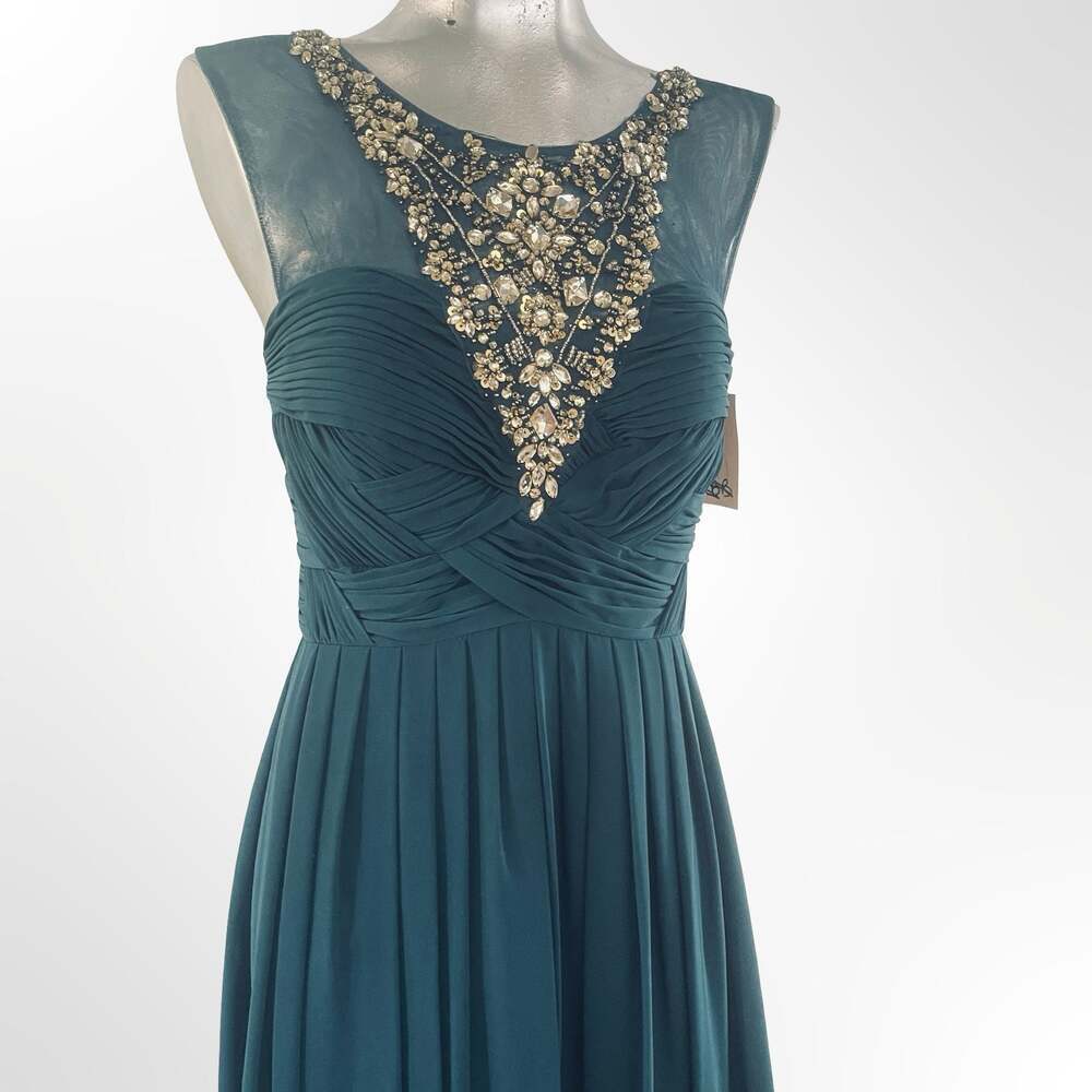 Decode 1.8 Teal Ruched Chiffon Evening Gown with Embellished Illusion Neckline