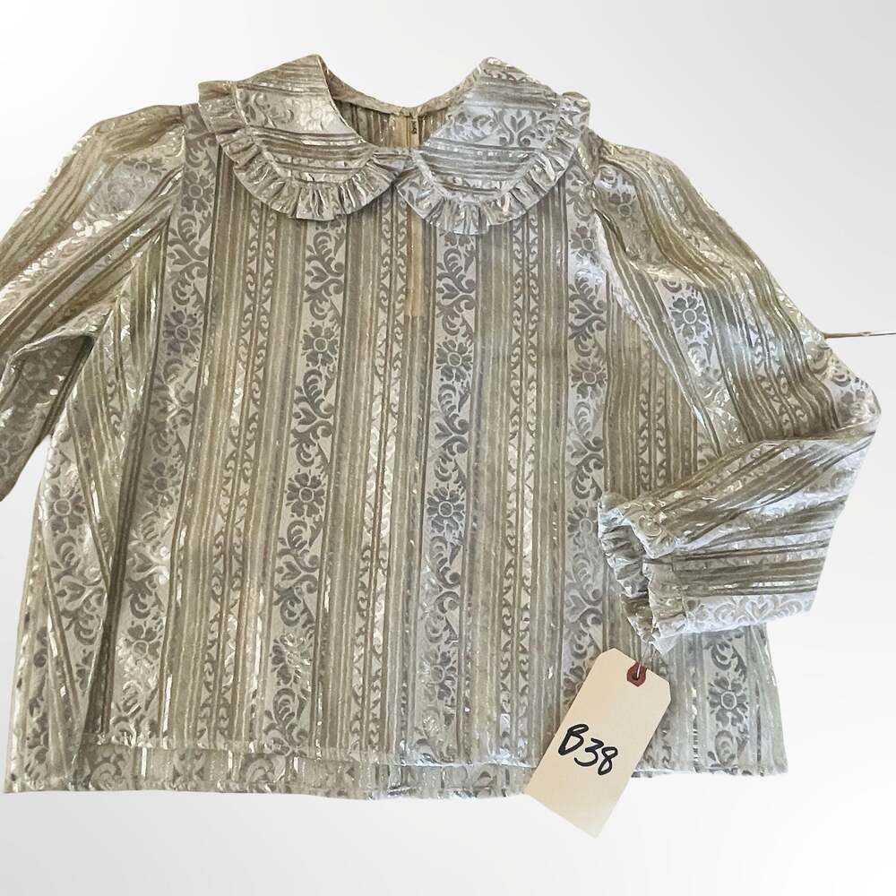 Vintage Metallic Silver Brocade Ruffle Collar Long Sleeve Blouse