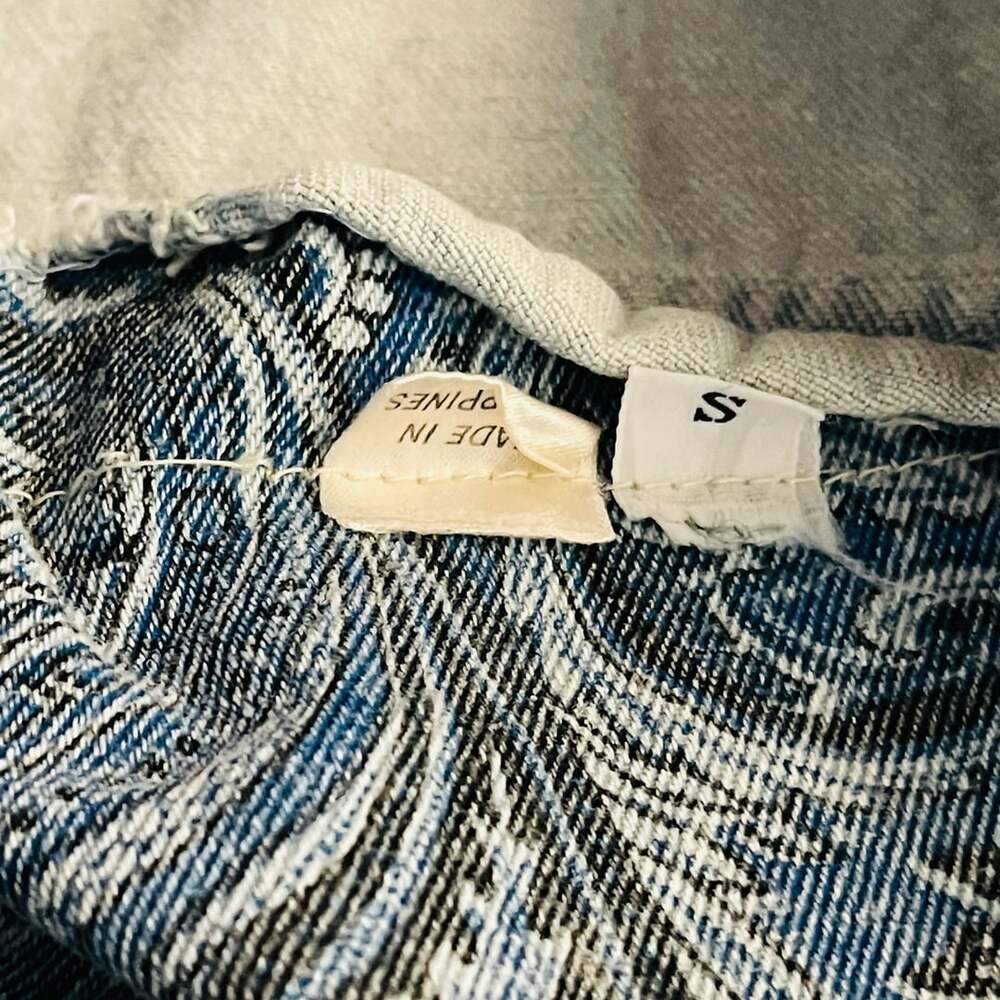 Vintage 1980s Blue Paisley Print Denim Bomber Jacket with Ribbed Trim