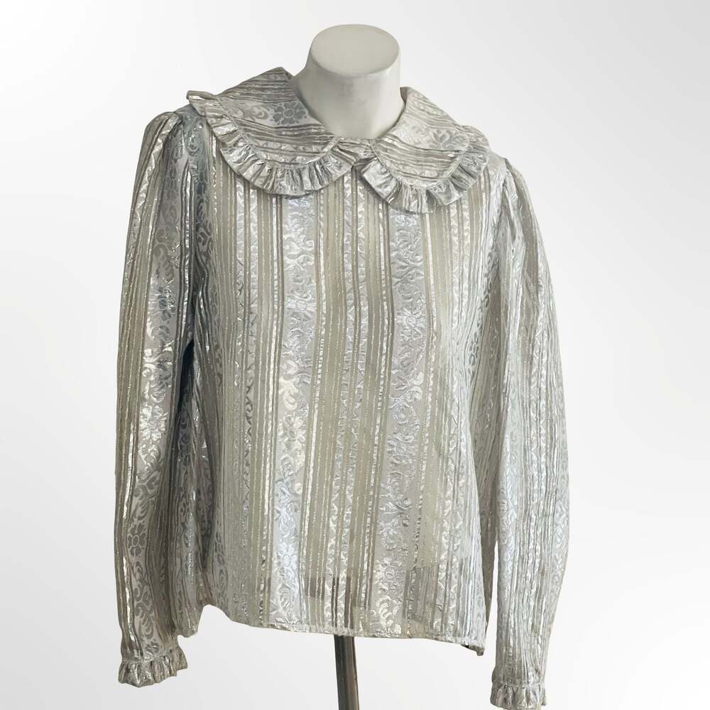 Vintage Metallic Silver Brocade Ruffle Collar Long Sleeve Blouse