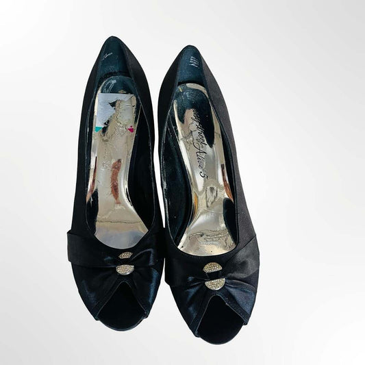 Easy Street Alive 5 Women's Black Satin Peep Toe Kitten Heels with Crystal Ornam