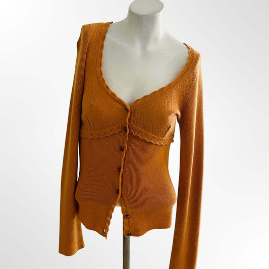 Vintage Y2K Caramel Orange Ribbed Knit Cropped Button-Front Cardigan Size M
