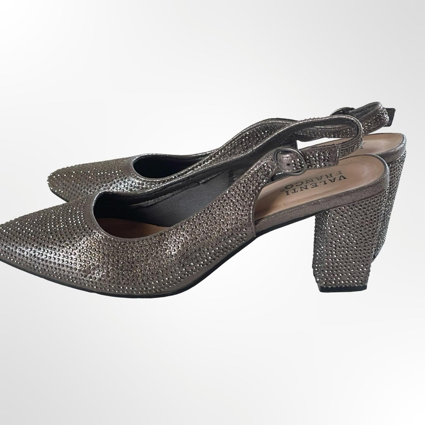 Valenti Franco Silver Rhinestone Slingback Block Heels - 7.5