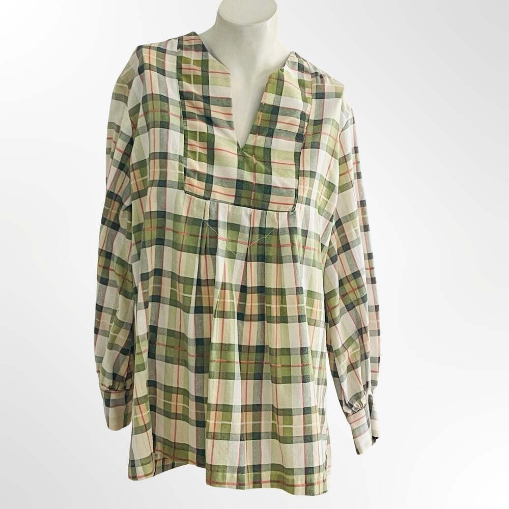 Vintage Green Plaid Long Sleeve V-Neck Babydoll Tunic Top with Pleats