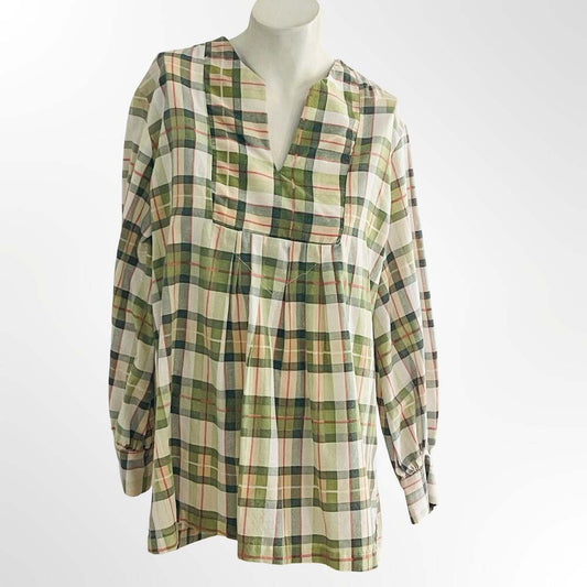 Vintage Green Plaid Long Sleeve V-Neck Babydoll Tunic Top with Pleats