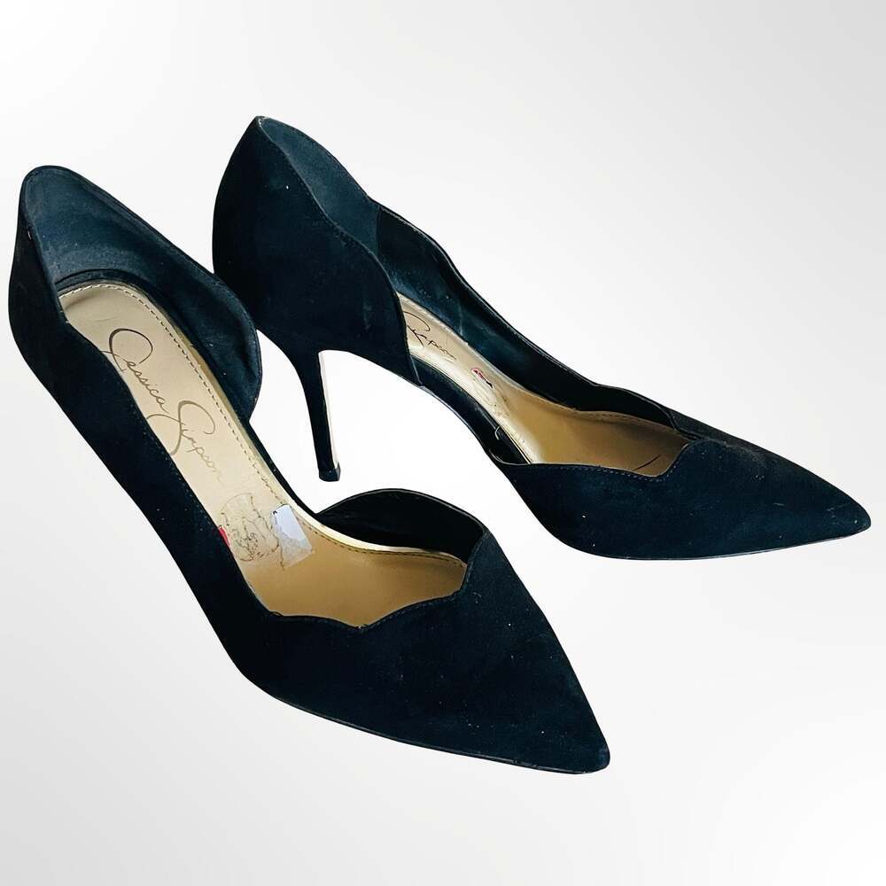 Jessica Simpson Black Suede Pointed Toe D'Orsay Scalloped Pumps
