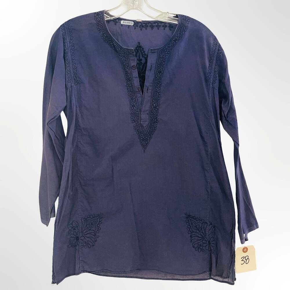 Unbranded Navy Blue Embroidered Long Sleeve Tunic Kurti Top