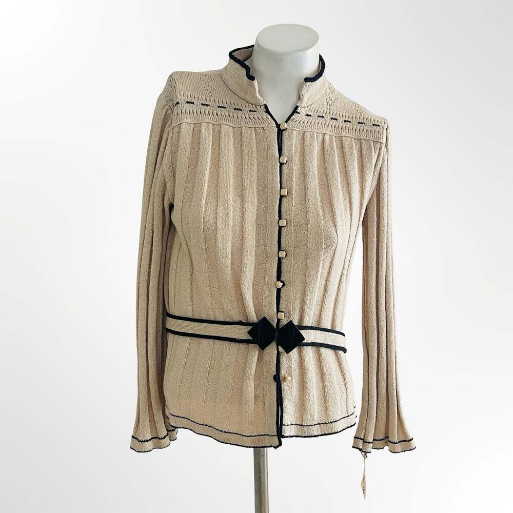 Cream Ribbed Knit Cardigan Sweater with Contrast Trim and Belt